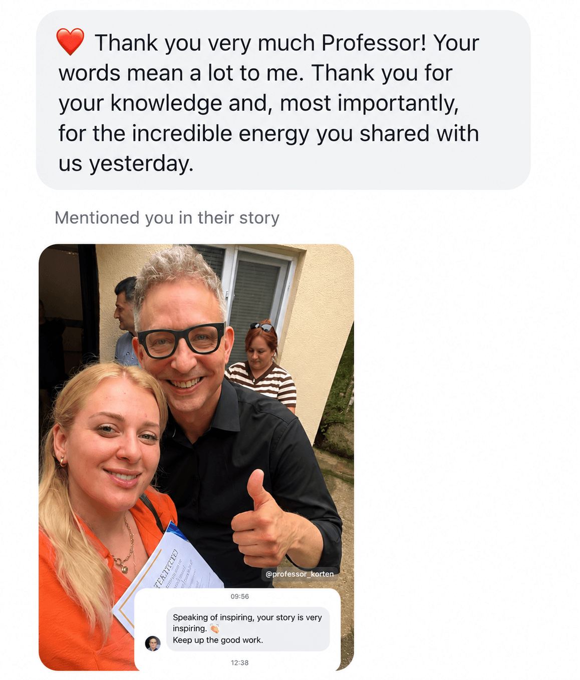 Screenshot of a thank-you message from a teacher participant, above the photograph she shared of herself with Professor Korten after the training.