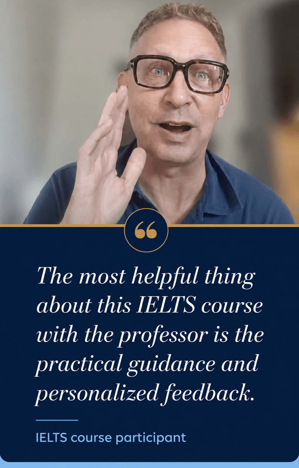 Feedback card from an IELTS masterclass, showing Professor Korten above a participant quote.